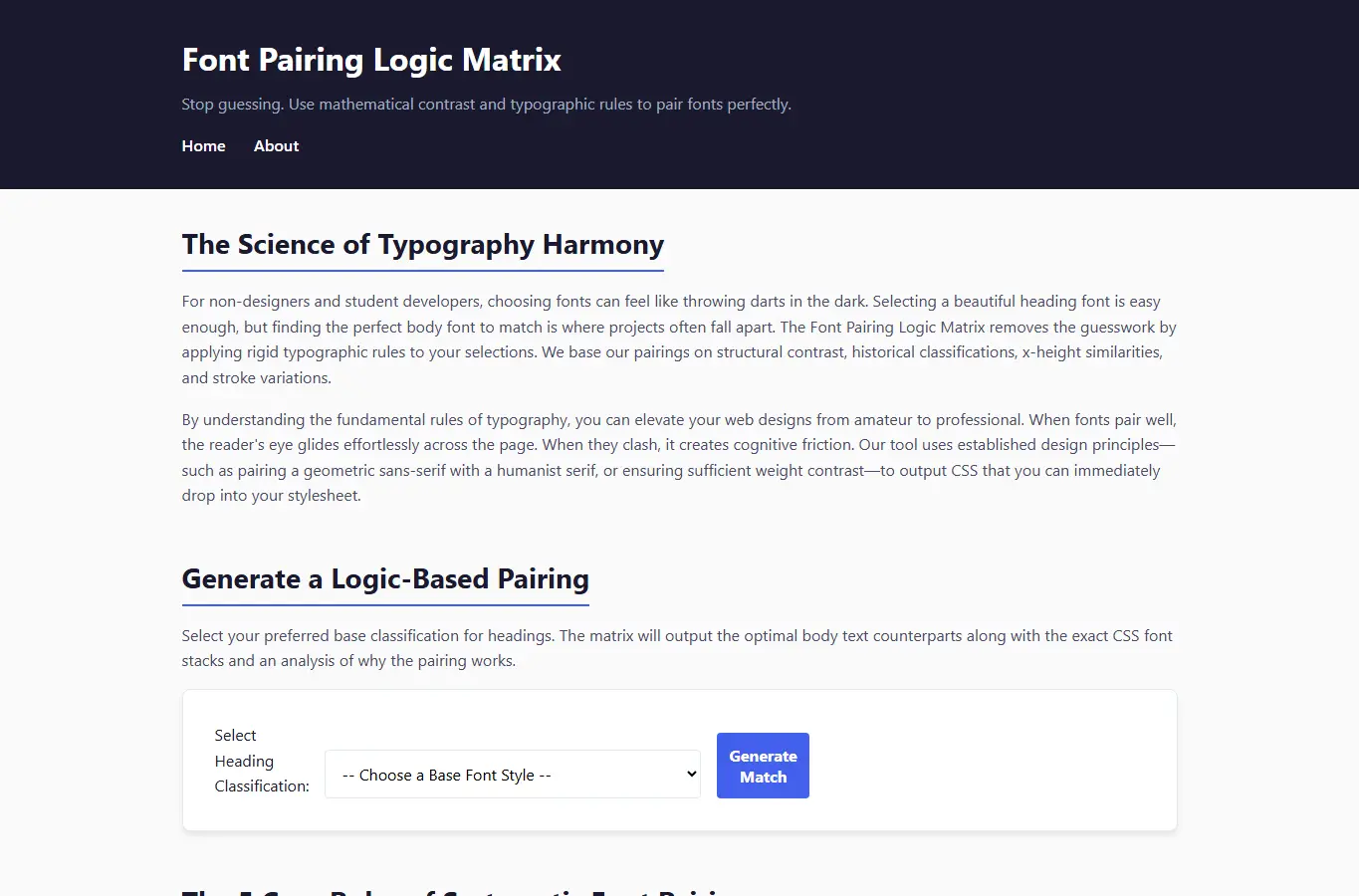 Screenshot of Font Pairing Logic Matrix interface showing the project page in use